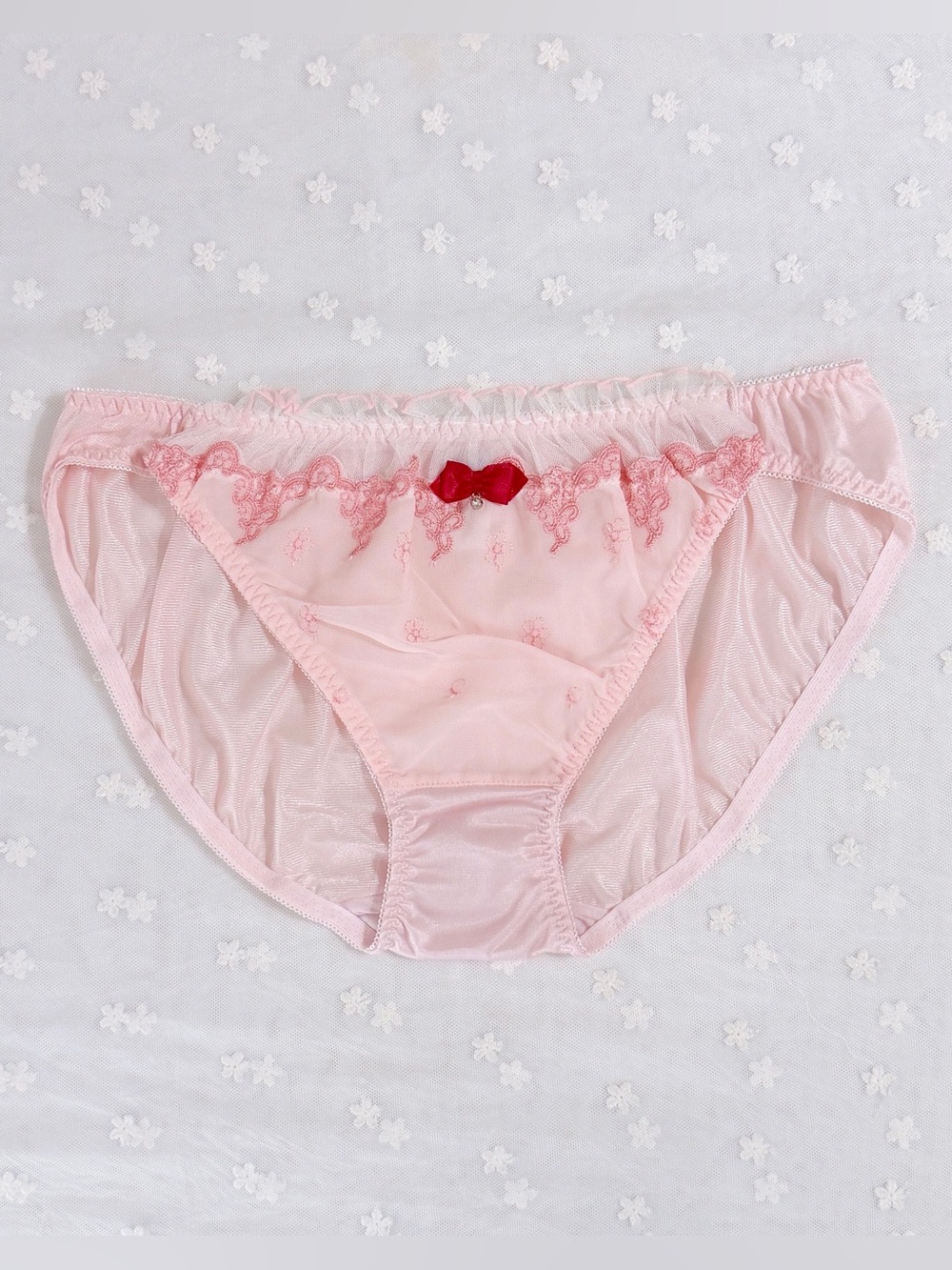 US-L/JP-4L Japanese Cute Bow Embroidery Shiny Smooth Tricot Nylon Panties Pink